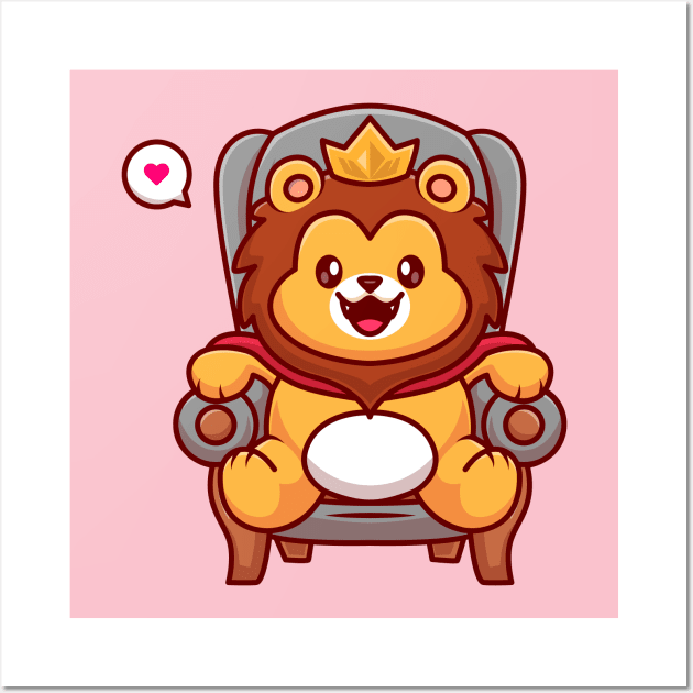 Cute Lion King Sitting On The Royal Chair Cartoon Wall Art by Catalyst Labs